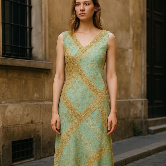 Phool Vintage Teal Tan Gold Floral Lined Maxi Dress Size Large - Picture 1 of 14